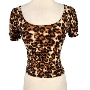 One by One Leopard Print Puff Sleeve Scoop Neck Top Dark Brown Cream Medium NWT